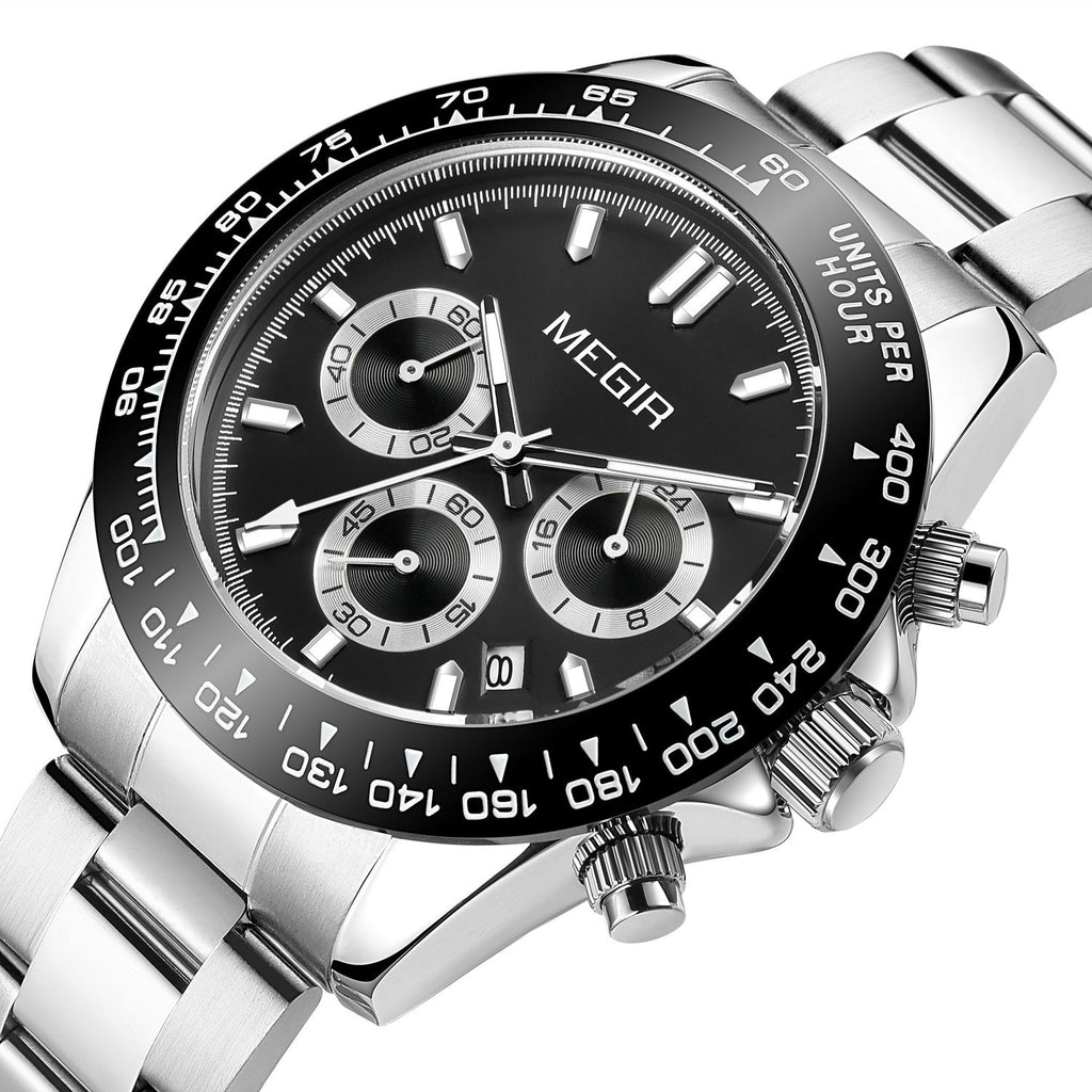 MEGIR 8104 men's chronograph watch, black dial with silver sub-dials and stainless steel bracelet, front angle