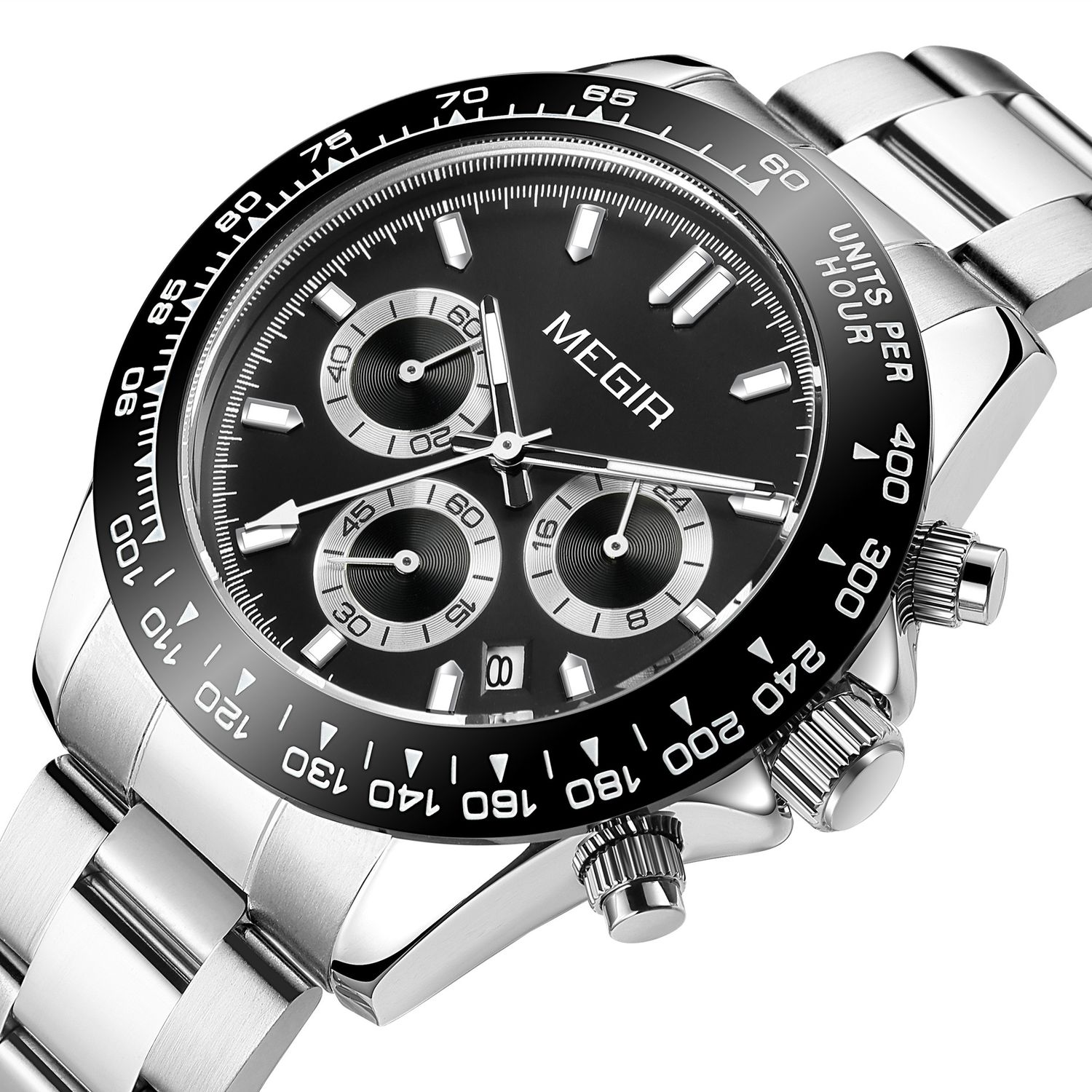 MEGIR 8104 men's chronograph watch, black dial with silver sub-dials and stainless steel bracelet, front angle