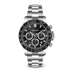 MEGIR 8104 men's chronograph watch, black dial and stainless steel bracelet, front view