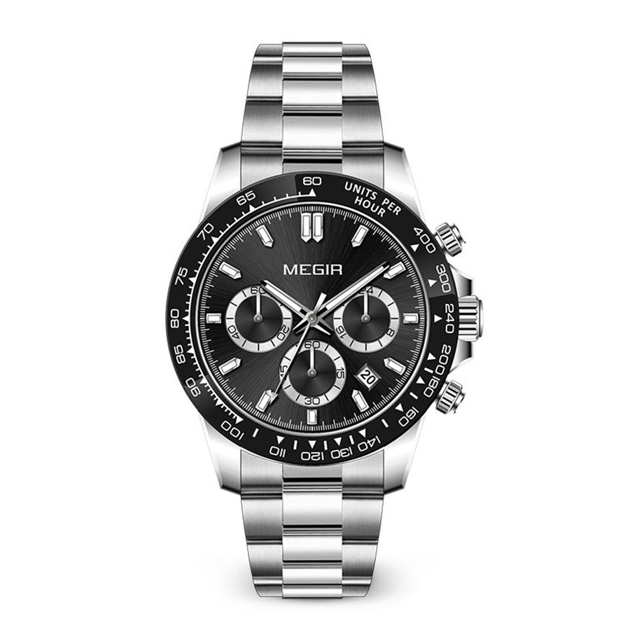 MEGIR 8104 men's chronograph watch, black dial and stainless steel bracelet, front view