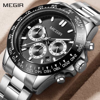MEGIR 8104 men's chronograph watch, black dial with silver sub-dials and stainless steel bracelet, angled view