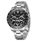 MEGIR 8104 men's chronograph watch, black dial and stainless steel bracelet, side angle view