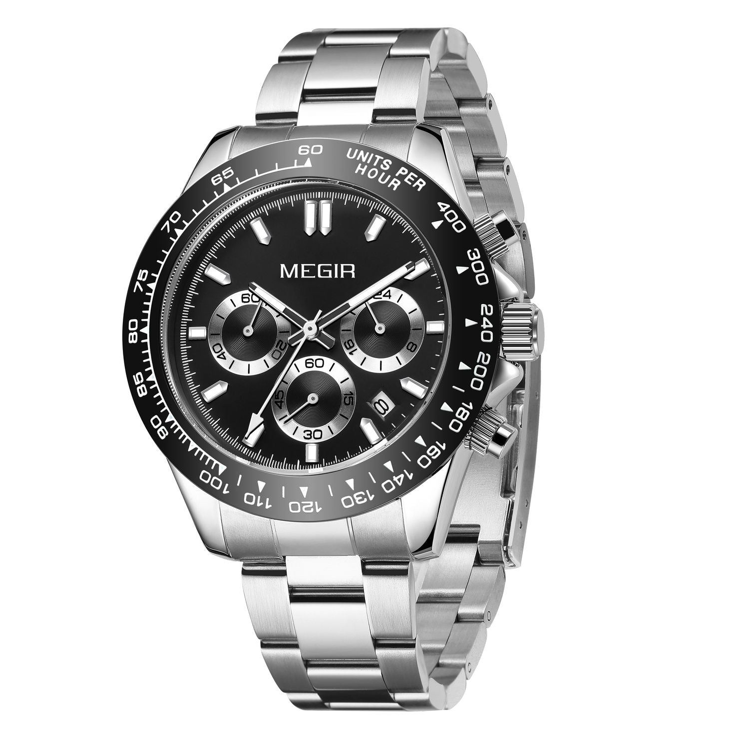 MEGIR 8104 men's chronograph watch, black dial and stainless steel bracelet, side angle view