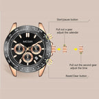 MEGIR 8104 chronograph watch crown adjustment guide graphic for setting calendar and time, rose-gold model