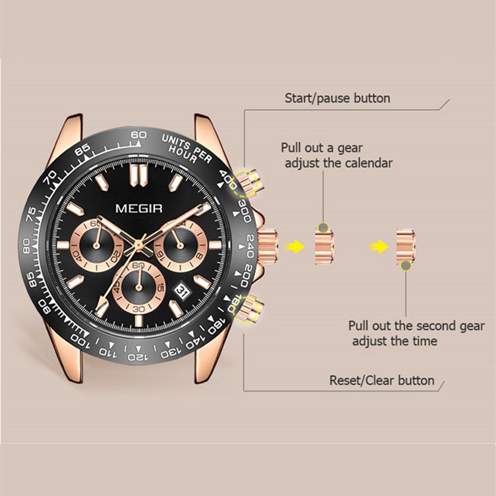 MEGIR 8104 chronograph watch crown adjustment guide graphic for setting calendar and time, rose-gold model