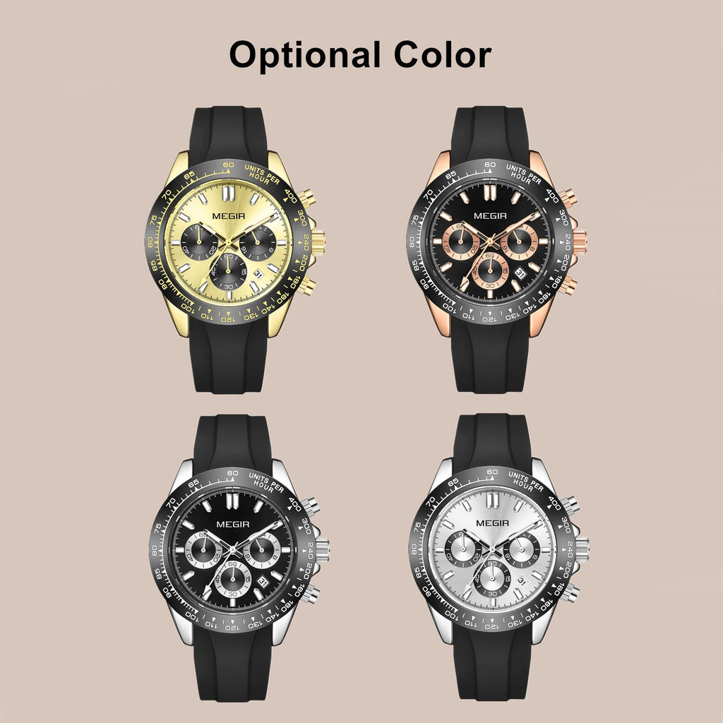 MEGIR 8104 chronograph watch color options graphic showing gold, rose-black, silver-black and white-silver models