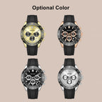 MEGIR 8104 chronograph watch color options graphic showing gold, rose-black, silver-black and white-silver models