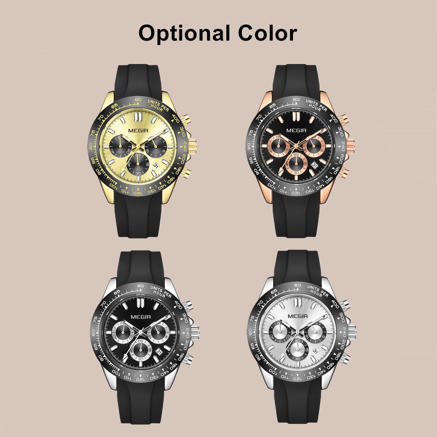 MEGIR 8104 chronograph watch color options graphic showing gold, rose-black, silver-black and white-silver models