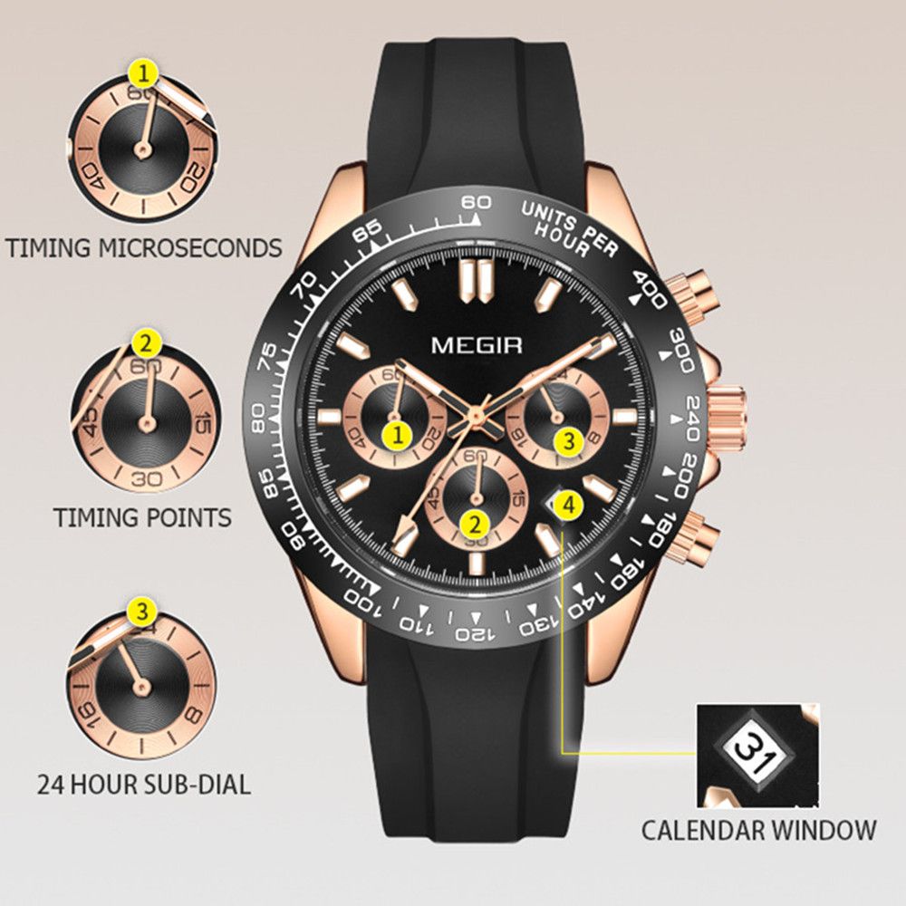 MEGIR 8104 chronograph watch dial function graphic showing timing sub-dials, 24-hour sub-dial and calendar window