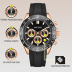 MEGIR 8104 chronograph watch dial function graphic showing timing sub-dials, 24-hour sub-dial and calendar window