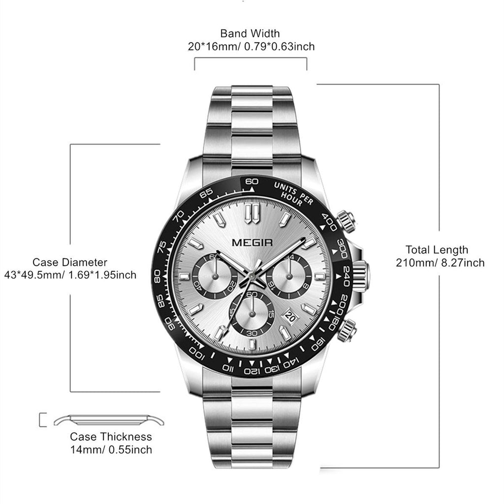 MEGIR 8104 chronograph watch parameters graphic with case size, thickness and band length, silver steel model