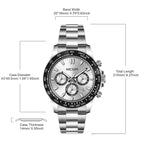 MEGIR 8104 chronograph watch parameters graphic with case size, thickness and band length, silver steel model