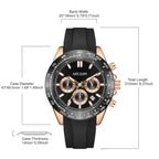 MEGIR 8104 chronograph watch parameters graphic with case size, thickness and band length, rose-gold silicone model