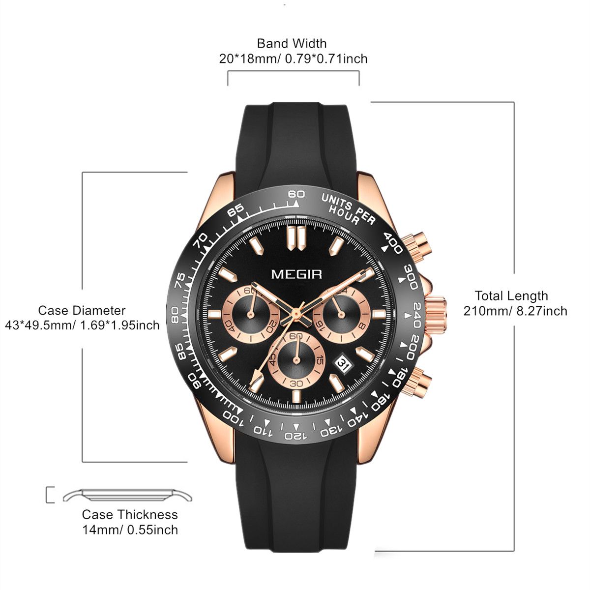 MEGIR 8104 chronograph watch parameters graphic with case size, thickness and band length, rose-gold silicone model