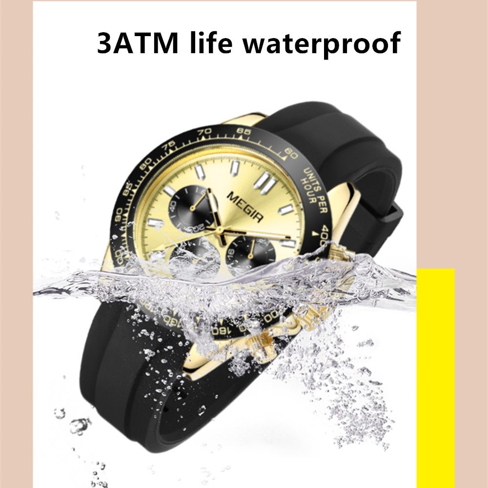MEGIR 8104 chronograph watch 3ATM life waterproof feature graphic, gold model splashing in water