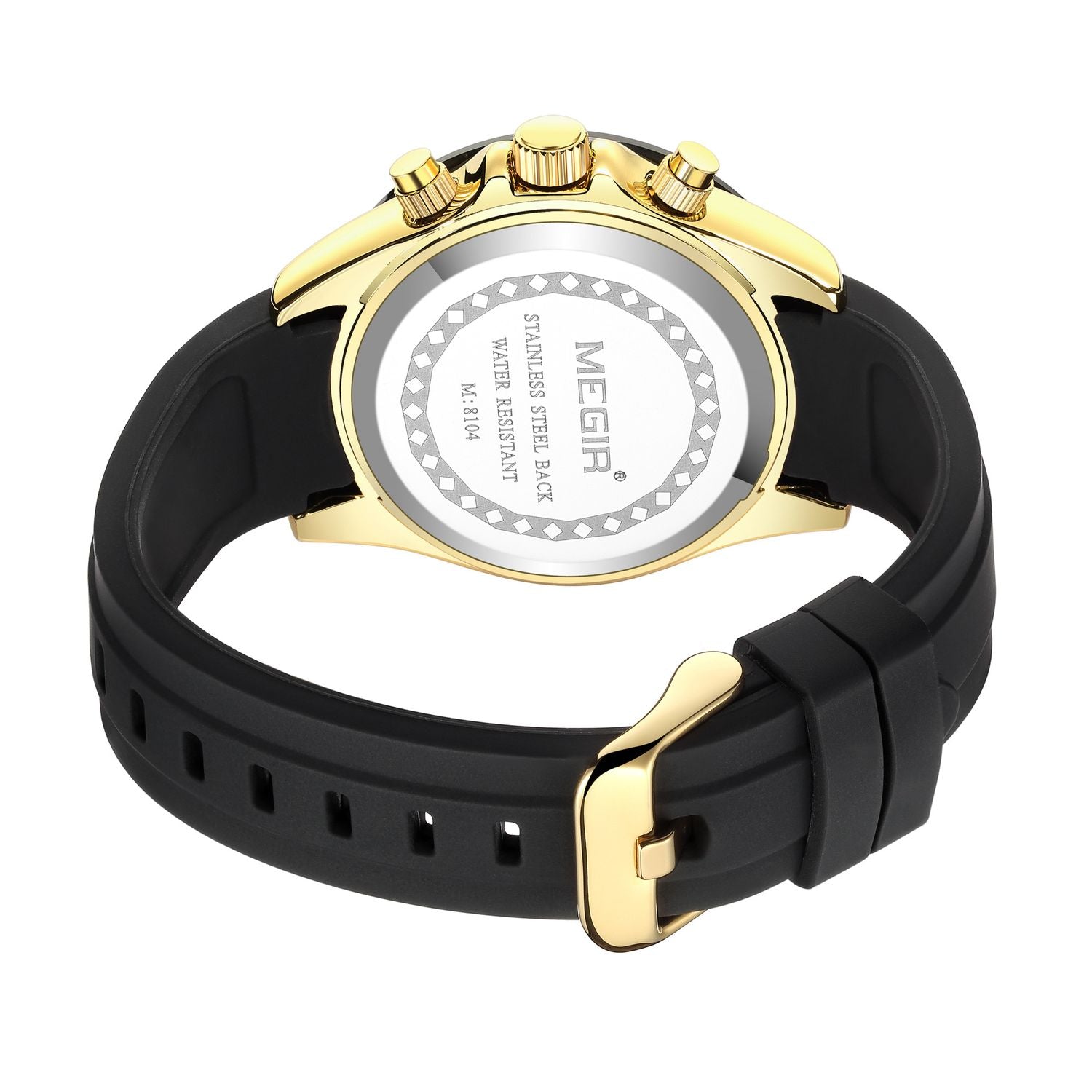 MEGIR 8104 chronograph watch gold stainless steel caseback with black silicone strap and gold buckle
