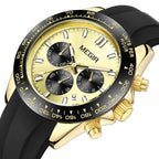 MEGIR 8104 men's chronograph watch, gold case, gold dial with black sub-dials and black silicone strap, front angle