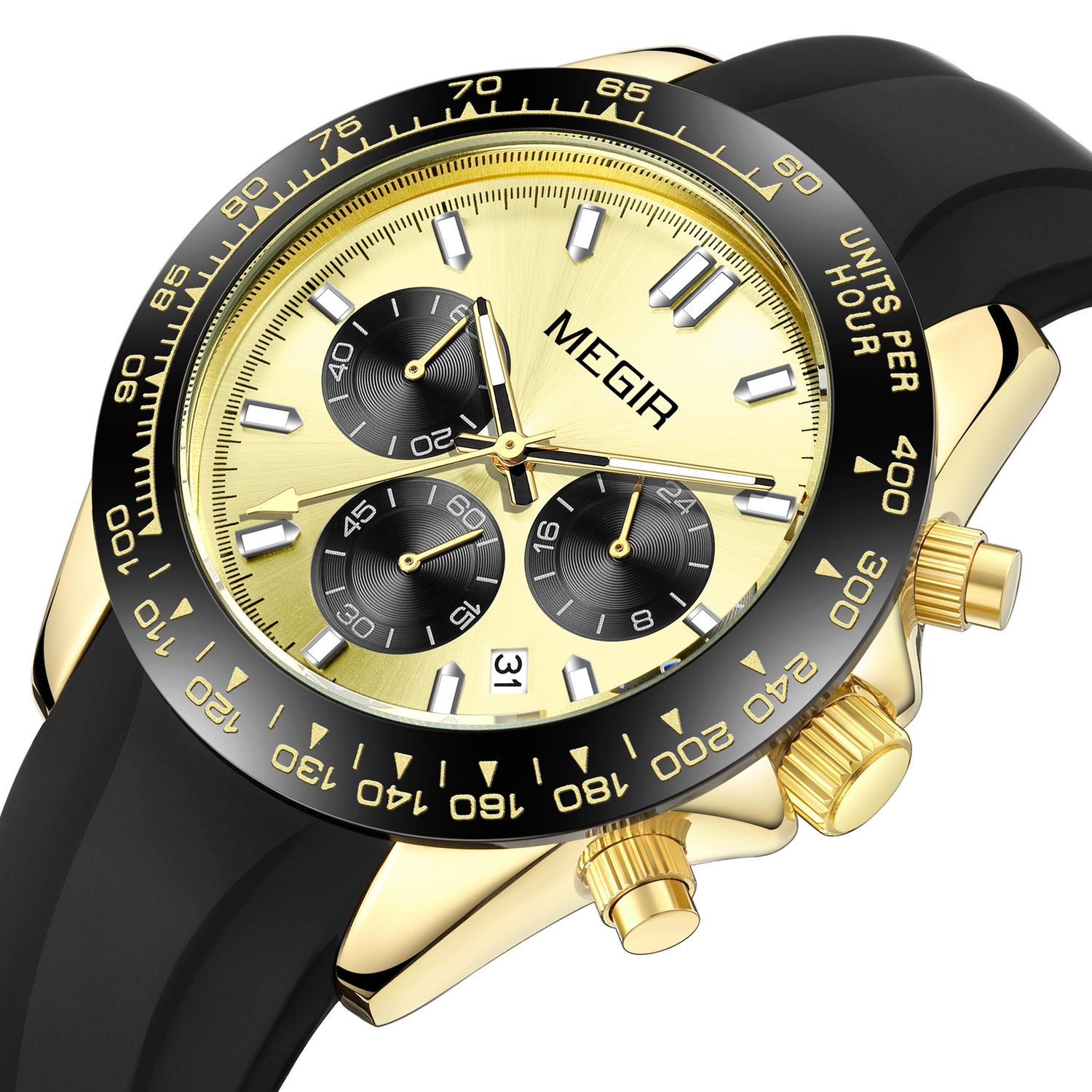 MEGIR 8104 men's chronograph watch, gold case, gold dial with black sub-dials and black silicone strap, front angle