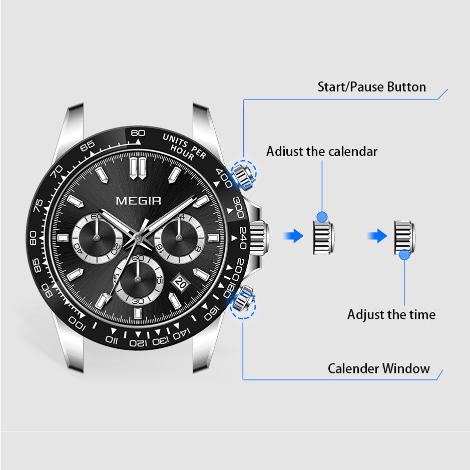 MEGIR 8104 chronograph watch crown adjustment guide graphic for setting calendar and time, steel model