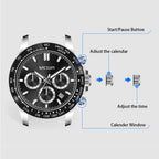 MEGIR 8104 chronograph watch crown adjustment guide graphic for setting calendar and time, steel model