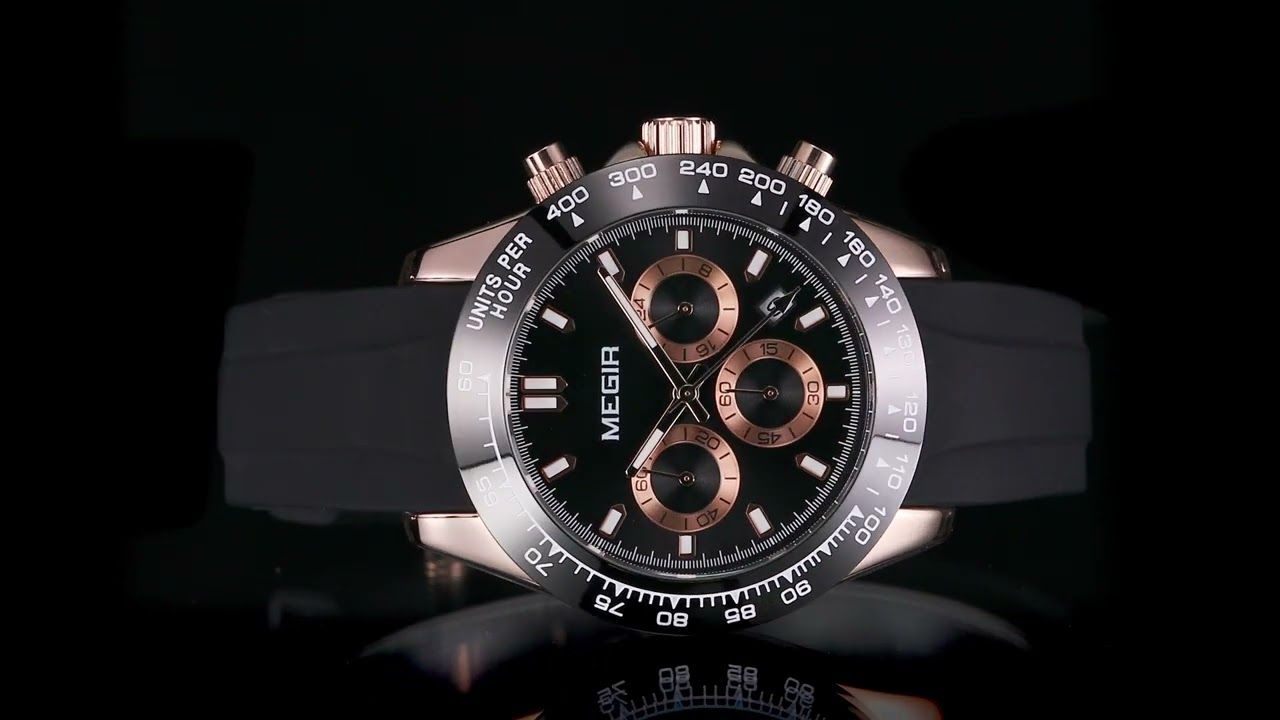 MEGIR 8104 chronograph watch, rose-gold case, black dial and black silicone strap, dark studio display
