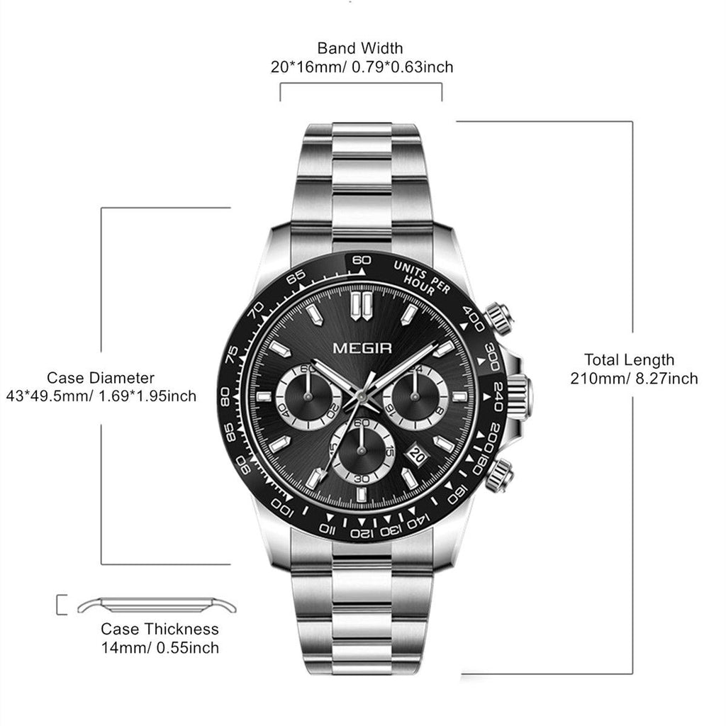 MEGIR 8104 chronograph watch parameters graphic with case size, thickness and band length, steel bracelet