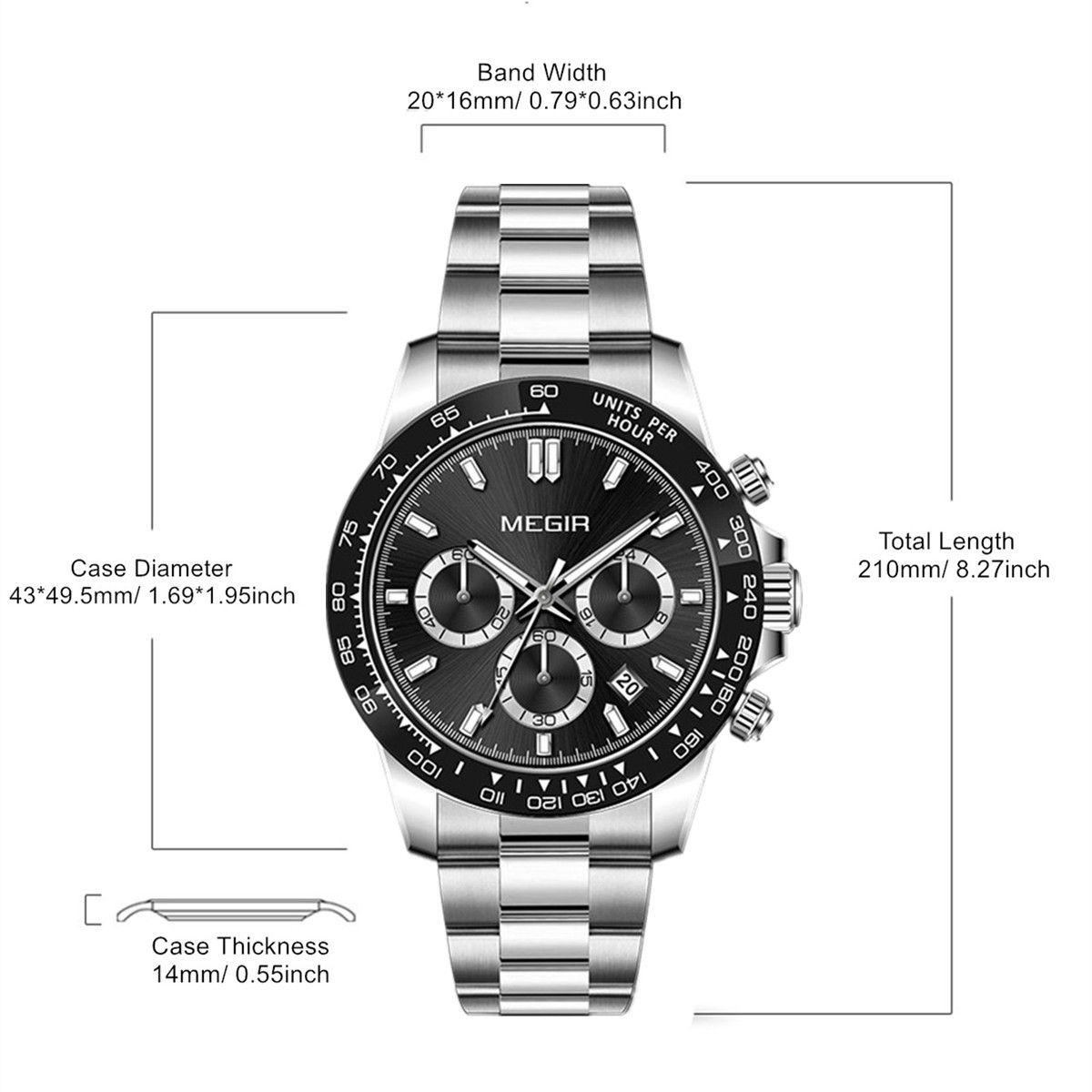 MEGIR 8104 chronograph watch parameters graphic with case size, thickness and band length, steel bracelet
