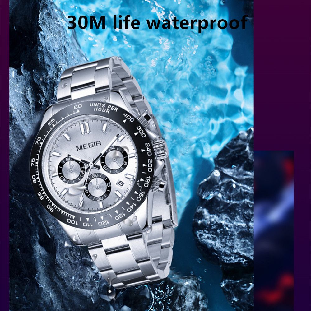 MEGIR 8104 chronograph watch 30M life waterproof feature graphic, silver dial steel model on wet rocks
