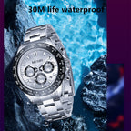 MEGIR 8104 chronograph watch 30M life waterproof feature graphic, silver dial steel model on wet rocks