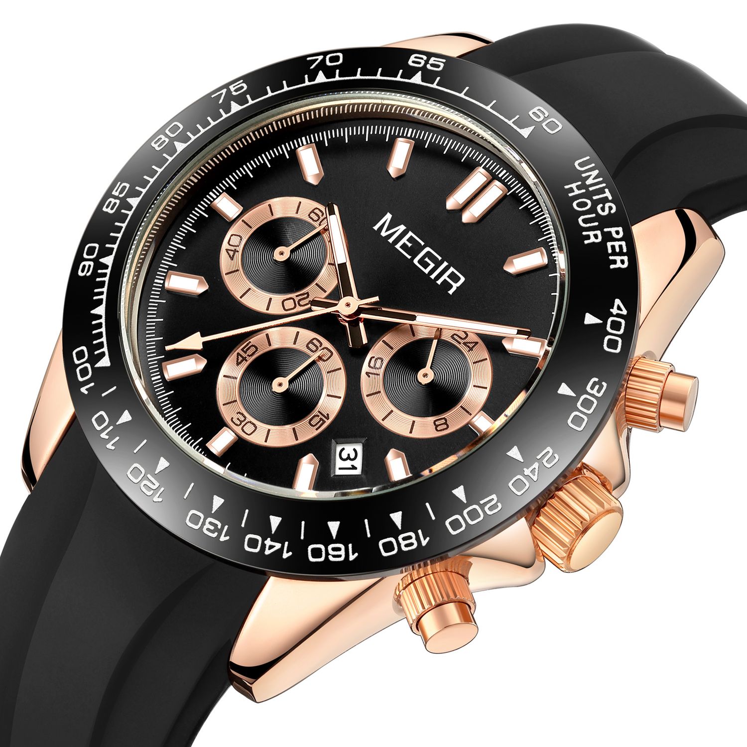 MEGIR 8104 men's chronograph watch, rose-gold case, black dial and black silicone strap, front angle view