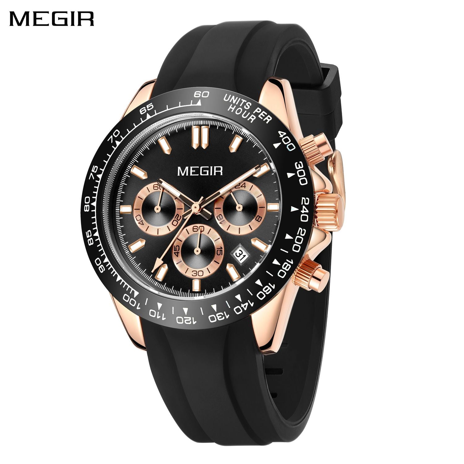 MEGIR 8104 men's chronograph watch, rose-gold case, black dial and black silicone strap, front view