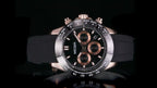 MEGIR 8104 chronograph watch, rose-gold case, black dial and black silicone strap, dark studio display