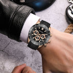 MEGIR 8104 chronograph watch on the wrist, rose-gold case, black dial and black silicone strap