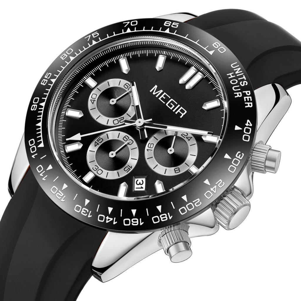 MEGIR 8104 men's chronograph watch, silver case, black dial and black silicone strap, front angle view
