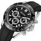 MEGIR 8104 men's chronograph watch, silver case, black dial and black silicone strap, front angle view