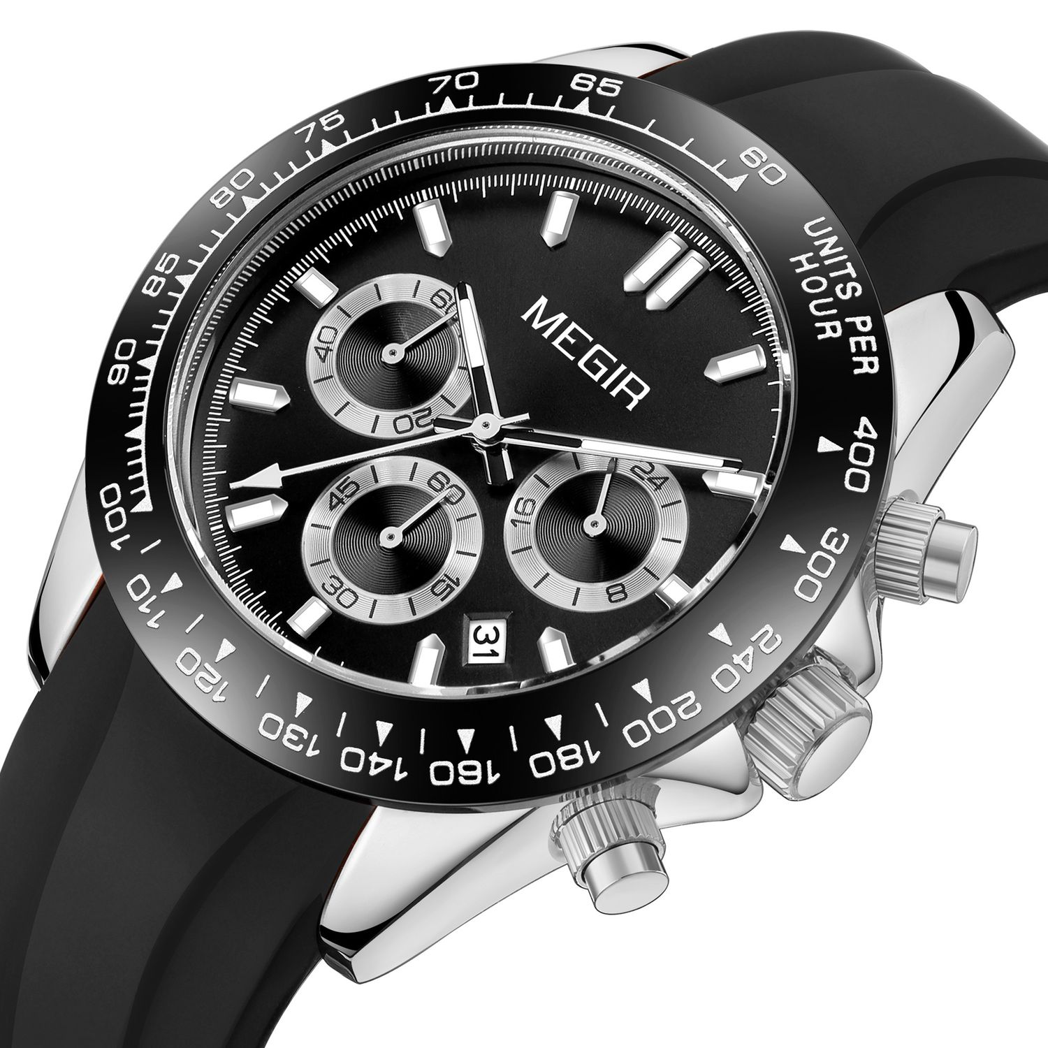 MEGIR 8104 men's chronograph watch, silver case, black dial and black silicone strap, front angle view