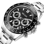 MEGIR 8104 men's chronograph watch, silver case, black dial and stainless steel bracelet, front angle view