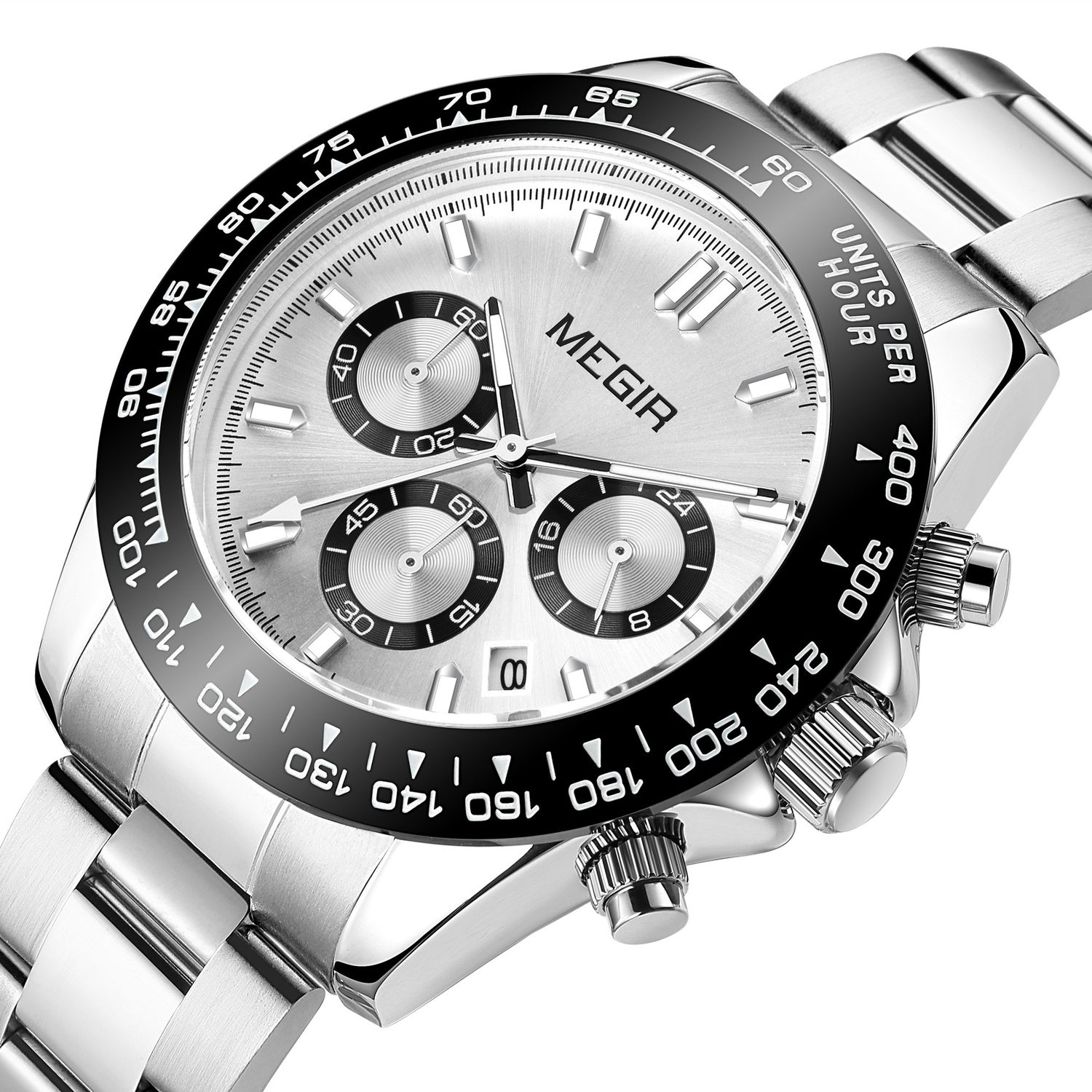 MEGIR 8104 men's chronograph watch, silver dial and stainless steel bracelet, front angle view