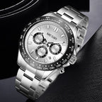 MEGIR 8104 men's chronograph watch, silver dial and stainless steel bracelet, dark studio display