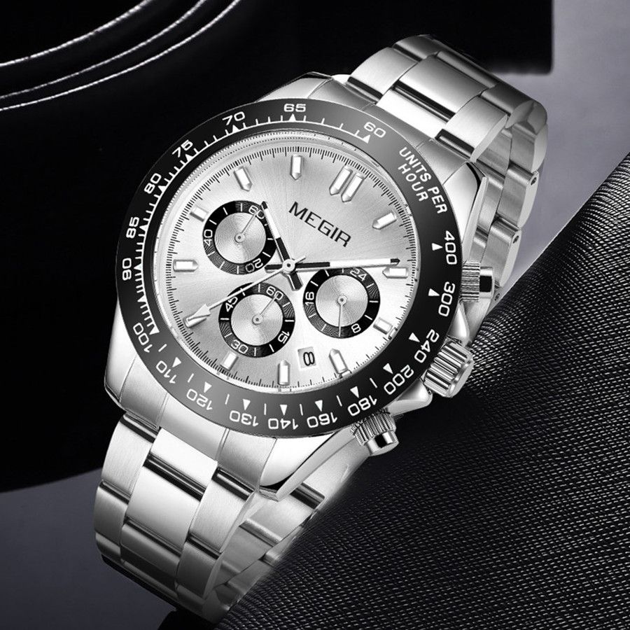 MEGIR 8104 men's chronograph watch, silver dial and stainless steel bracelet, dark studio display