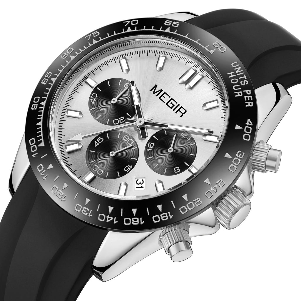 MEGIR 8104 men's chronograph watch, silver case, silver-white dial and black silicone strap, front angle view