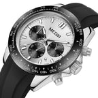 MEGIR 8104 men's chronograph watch, silver case, silver-white dial and black silicone strap, front angle view