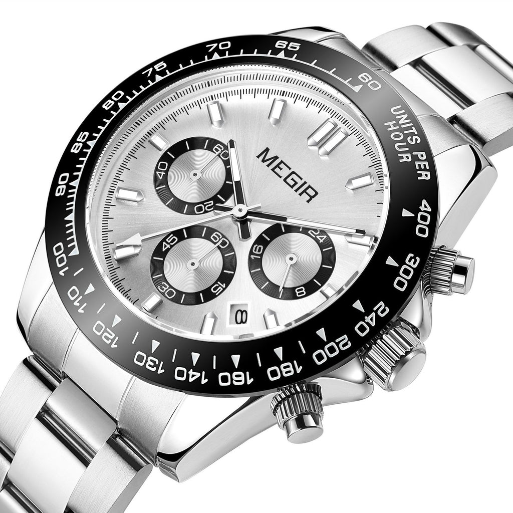 MEGIR 8104 men's chronograph watch, silver case, silver-white dial and stainless steel bracelet, front angle
