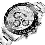 MEGIR 8104 men's chronograph watch, silver case, silver-white dial and stainless steel bracelet, front angle