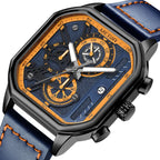 MEGIR 8106 men's chronograph watch, black case, blue and orange dial and blue leather strap, front angle