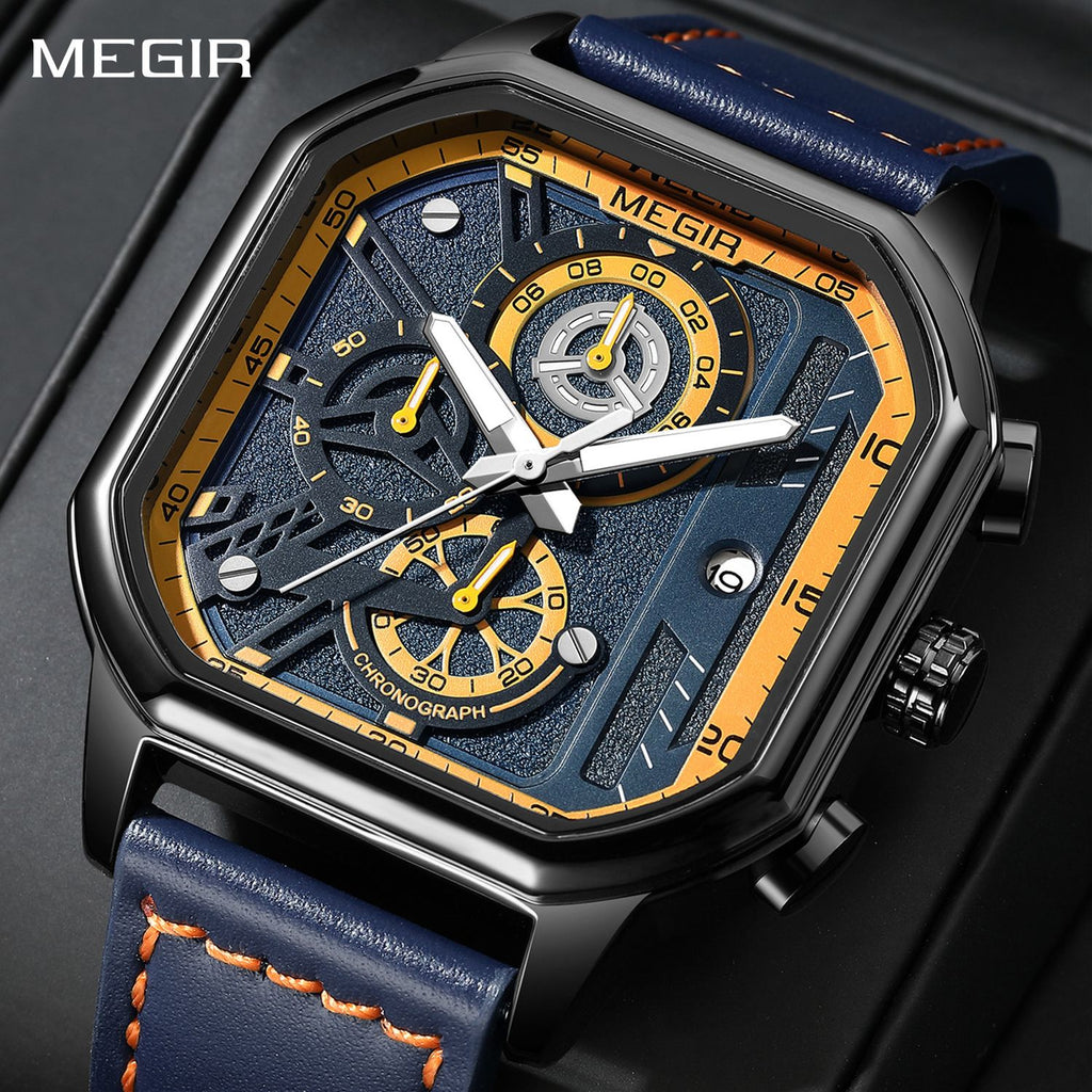 MEGIR 8106 men's chronograph watch, black case, blue and orange dial and blue leather strap, angled view