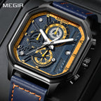 MEGIR 8106 men's chronograph watch, black case, blue and orange dial and blue leather strap, angled view