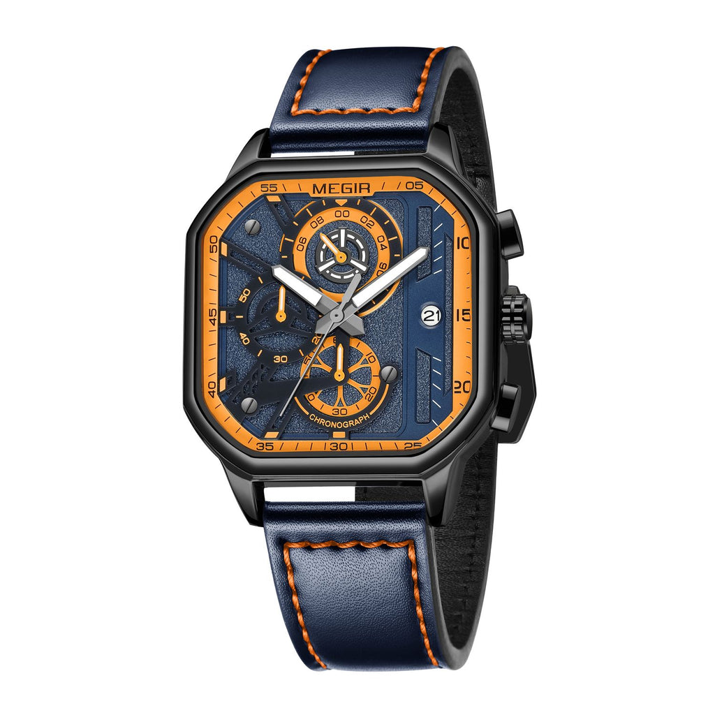 MEGIR 8106 men's chronograph watch, black case, blue and orange dial and blue leather strap, straight front view