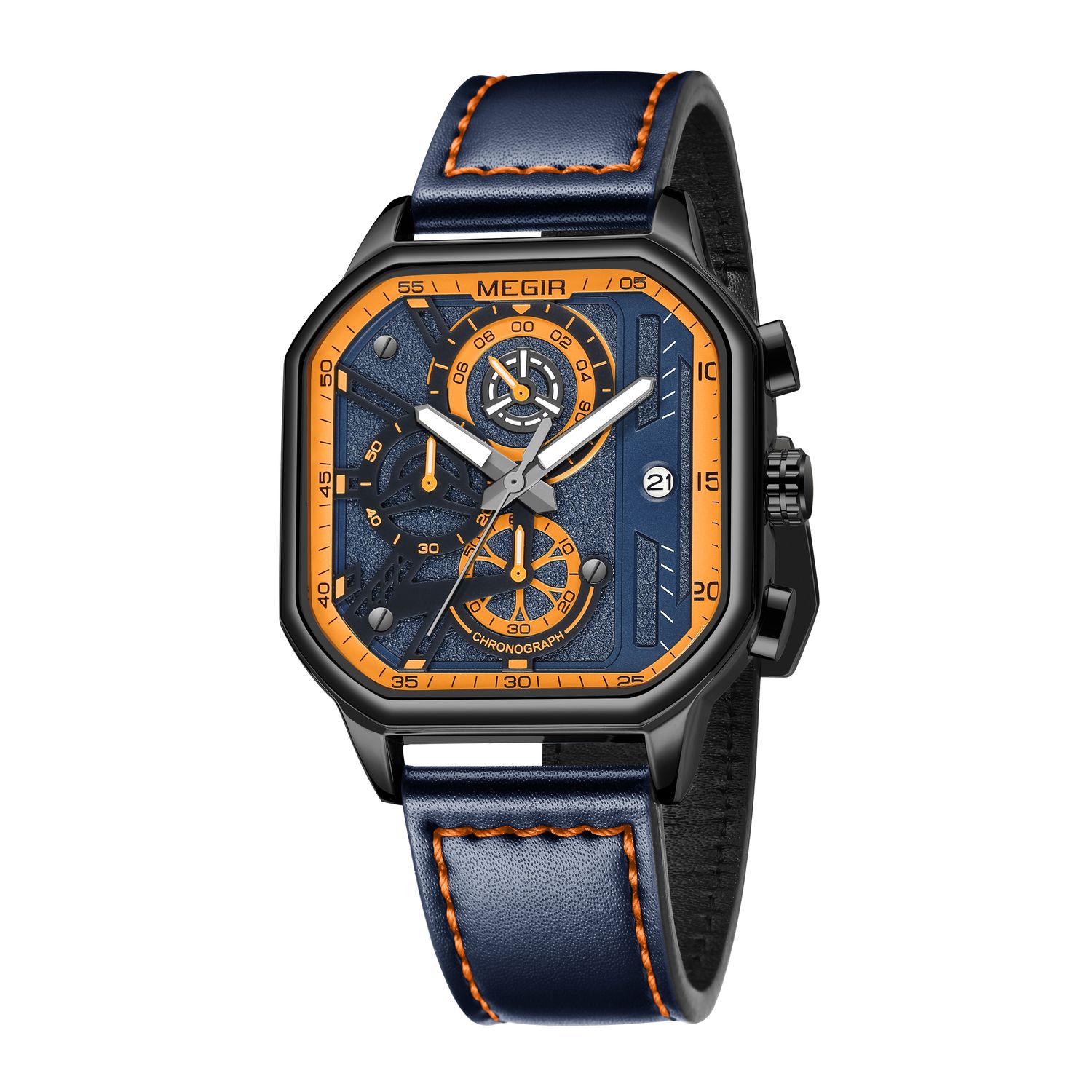 MEGIR 8106 men's chronograph watch, black case, blue and orange dial and blue leather strap, straight front view