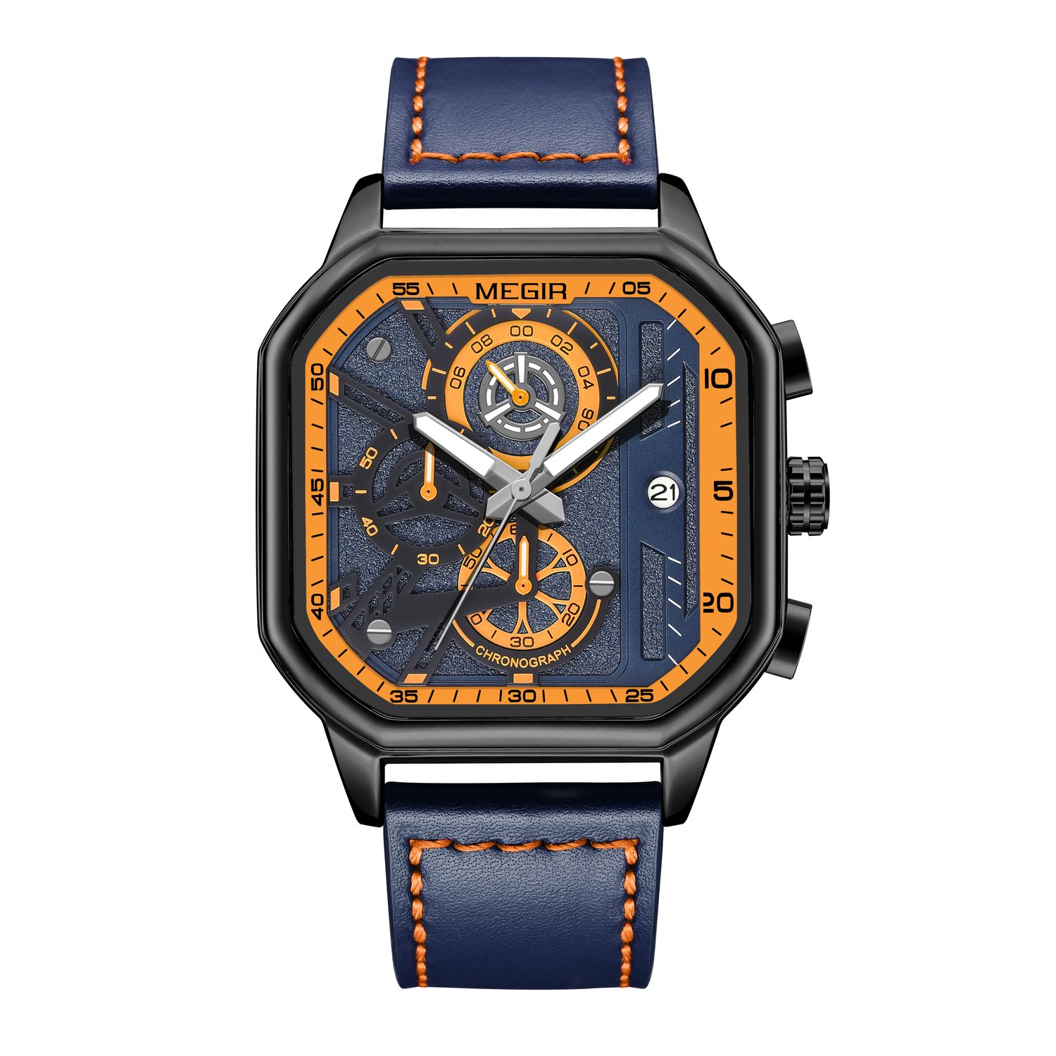 MEGIR 8106 men's chronograph watch, black case, blue and orange dial with date and blue leather strap, front view